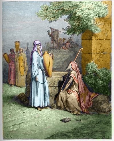 Eliezer i Rebeka - Eliezer, sługa Abrahama, otrzymuje napój z wody od Rebeki - Eliezer i Rebecca - grawerowanie w „The Bible illustree” Gustave