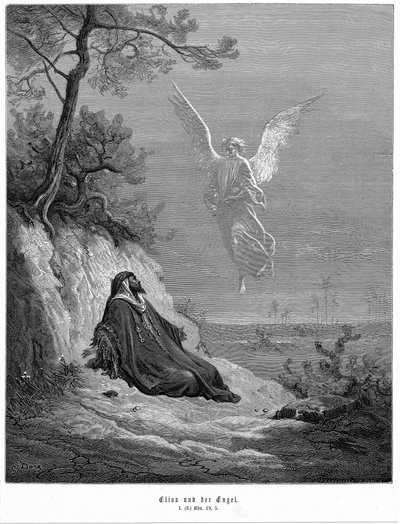Eliasz udaje się na pustynię i prosi o śmierć, ale przychodzi anioł i mówi mu: „Wstań i jedz”. Biblia 1 Królewska 19.5. Z Biblii Gustave’a Dore’a 1865–1856. Grawerowanie drewna autorstwa Gustave Dore