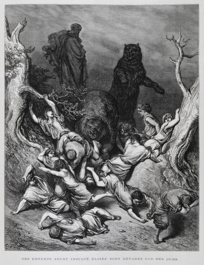 Elizeusz patrzy, jak dzieci są niszczone przez niedźwiedzie, ilustracja z Biblii Dore