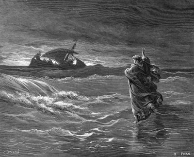 Rycina przedstawiająca Jezusa kroczącego po wodzie autorstwa Gustave Dore