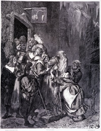 Wejdź do tego zajazdu, tablica IV - ilustracja Gustave Dore (1832-1883), dla La legende du Jeif wędrująca Pierre Dupont, wydanie Librairie du magasin malownicze, Paryż 1862 autorstwa Gustave Dore