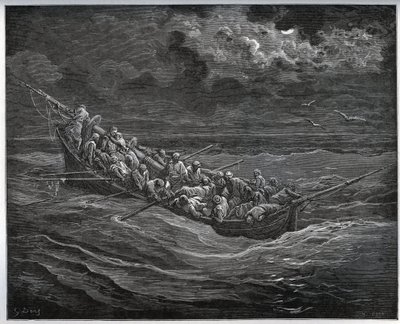 Ucieczka z Zoraide z jeńcem w łodzi pełnej ucieczek z Algieru do Hiszpanii – z „Don Kichota z Manchy” Miguela Cervantesa (1547-1616) (Don Kichota) – Drzeworyt wg rysunku Gustave