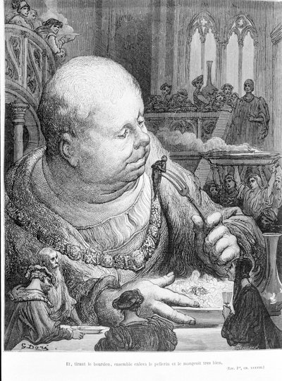 Ekstrakt z Gargantua (1534) autorstwa François Rabelais (1483 - 1553): I ciągnąc trzmiela, razem wyjęli pelerynę i bardzo dobrze ją zjedli. Grawerowanie Gustave Dore (1823-1883) autorstwa Gustave Dore