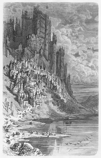 Fantastyczny krajobraz z miastem i zamkiem, ilustracja z „Les Contes Drolatiques” Honore de Balzac (1799-1850) autorstwa Gustave Dore
