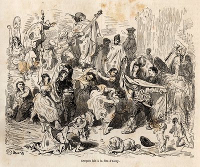 Święta św. Jerzego, patrona miasta Alcoy, szkic wykonany na żywo Gustave Dore (1832-1883), ilustrujący jego podróż do Hiszpanii w 1862 r. z Ch. Davilliera. Grawerowanie w „”Le tour du monde””, pod redakcją Edouarda Chartona autorstwa Gustave Dore
