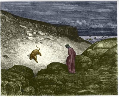 Pierwsza pieśń piekła, pantera sprzeciwia się przejściu Dantego. Ilustracja autorstwa Gustave Dore autorstwa Gustave Dore