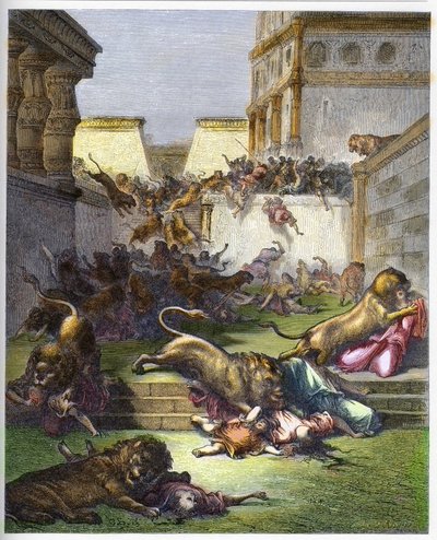 Cudzoziemcy pożerani przez lwy w Samarii - Stary Testament. Ludzie pożerani przez lwy w Samarii - grawer w „The Bible illustree” Gustave Dore (1832-1883) - Grawer z „”The Dore Bible”” autorstwa Gustave Dore