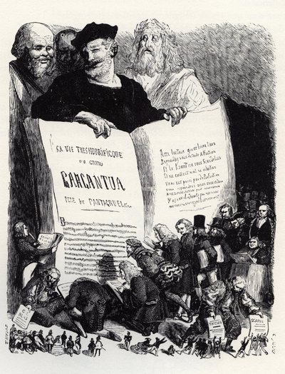 Frontispice wydania 1854 - W towarzystwie pisarzy starożytnych i współczesnych Rabelais prezentuje swoją drugą powieść - ilustracja z "Gargantua i Pantagruel", autorstwa Francois Rabelais - rycina Gustave Dore (1832-1883) autorstwa Gustave Dore