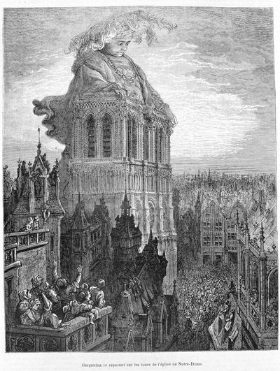 Gargantua spoczywająca na wieżach kościoła Najświętszej Marii Panny. Grawer po pracy Gargantua François Rabelais (1483 - 1553) autorstwa Gustave Dore