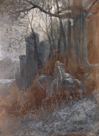 Geraint i Enid odjeżdżają, 1868 (gwasz i toaleta na papierze) autorstwa Gustave Dore