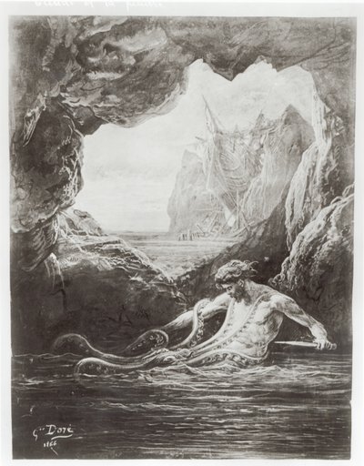 Gilliatt walczy z olbrzymią ośmiornicą, ilustracja z „Les Travailleurs de la Mer” Victora Hugo (1802–85) 1866 autorstwa Gustave Dore