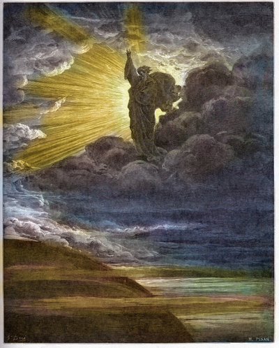 Bóg tworzący światło - Stworzenie światła - Stary Testament (Księga Rodzaju) - Stworzenie światła - grawerowanie w „The Bible illustree” Gustave