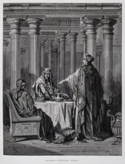 Haman potępiony przez królową Esterę, ilustracja z Biblii Dore