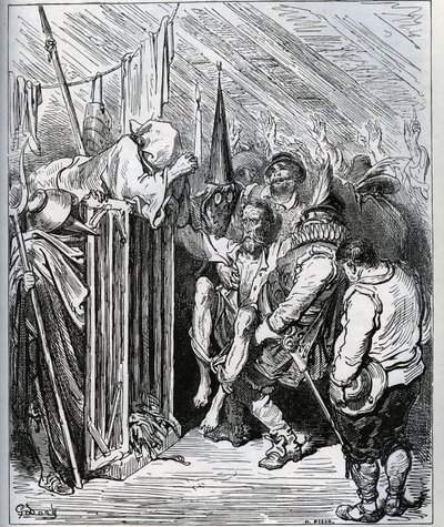 Jak pozbyć się Don Kichota. Ludzie z hotelowego sklepu postanowili go zamknąć, wmawiając mu nowe zaklęcie i nowy rycerski test - z „Don Kichota z Manchy” Miguela Cervantesa (1547-1616) (Don Kichota) - Drzeworyt po rysunku autorstwa Gustave Dore