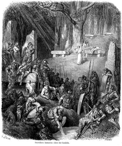 Ofiary z ludzi wśród Galów - druidzi, dolmen, menhir - rycina Gustave