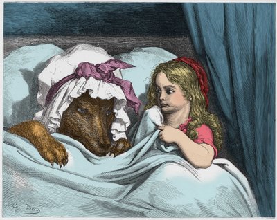 Ilustracja do bajki Charlesa Perraulta (1628-1703) "Czerwony Kapturek". Rycina autorstwa Gustave