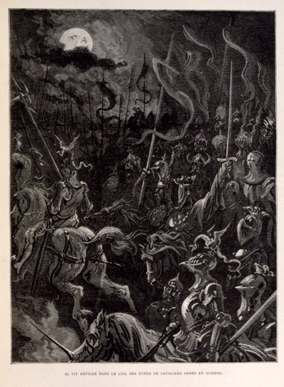 Ilustracja przedstawiająca rycerzy podczas bitwy w księżycowy wieczór. autorstwa Gustave Dore