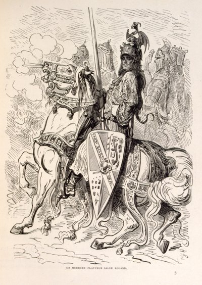 Ilustracja przedstawiająca Rolanda na koniu. z La legende de Croque-Mitaine. autorstwa Gustave Dore