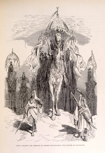 Ilustracja przedstawiająca orientalny pociąg wielbłądów ze służbą i powozem. autorstwa Gustave Dore