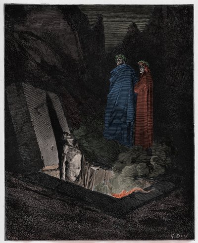 Inferno, Canto 10: Farinata degli Uberti zwraca się do Dantego, ilustracja z „Boskiej komedii” Dantego Alighieri, 1885 autorstwa Gustave Dore