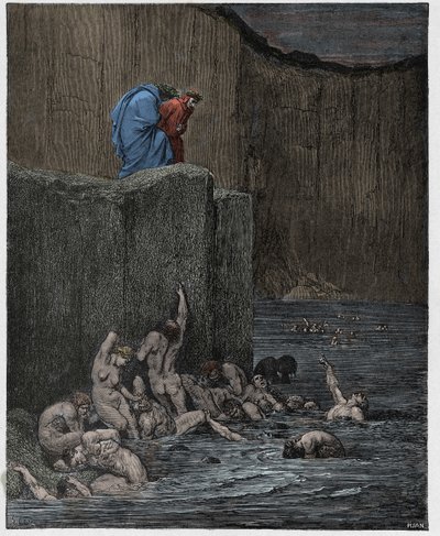 Inferno, Canto 18: Kochankowie i pochlebcy w ósmym kręgu, ilustracja z „Boskiej komedii” Dante Alighieri, 1885 autorstwa Gustave Dore