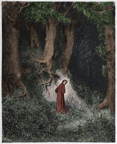 Piekło, Pieśń 1 : Dante w dzikim drewnie, ilustracja z „Boskiej komedii” Dantego Alighieri, 1885 autorstwa Gustave Dore