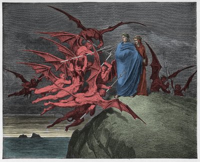 Inferno, Canto 21: Demony zagrażają Wergiliuszowi, ilustracja z „Boskiej komedii” Dantego Alighieri, 1885 autorstwa Gustave Dore