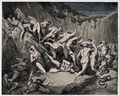 Inferno, Canto 24: Złodzieje dręczeni przez węże, ilustracja z „Boskiej komedii” Dantego Alighieri, 1885 autorstwa Gustave Dore
