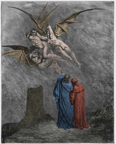 Inferno, Canto 9: Ohydne Erinyes: Megaera, Tyzyfona, Alekto autorstwa Gustave Dore