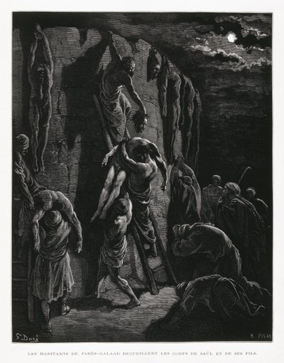 Jabesz-Gileadczycy odzyskują ciała Saula i jego synów, ilustracja z Biblii Dore