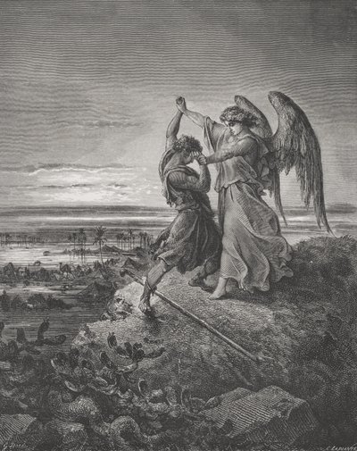 Jacob Wrestling with the Angel, Genesis 32:24-32, ilustracja z "The Holy Bible" Dore