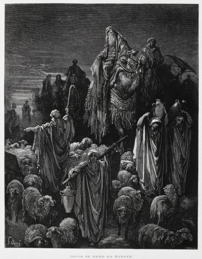 Jakub i jego synowie przybywają do Egiptu, ilustracja z Biblii Dore