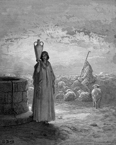 Jakub, trzymający stada Labana, widzi Rachelę przy studni, 1866 autorstwa Gustave Dore