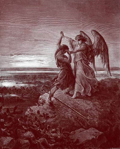 Jakub zmagający się z aniołem autorstwa Doré. - Biblia autorstwa Gustave Dore