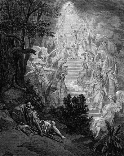 Jacobs marzy o schodach prowadzących do nieba z Bogiem na szczycie, 1865-1866 autorstwa Gustave Dore