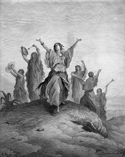 Córka Jeftego Ifis tańczy w jego stronę - Biblia autorstwa Gustave Dore