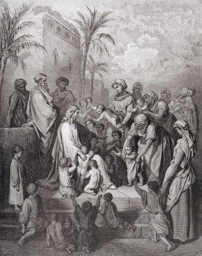 Jezus błogosławiący dzieci, grawerowany przez Stephane Pannemaker (1847-1930) ok. 1868 r. autorstwa Gustave Dore