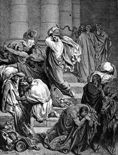 Jezus Chrystus ściga kupców Świątyni. Ilustracja Gustave