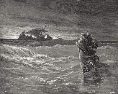 Jezus kroczący po morzu, Jan 6:19-21, ilustracja z „Pismo Świętej” Dore
