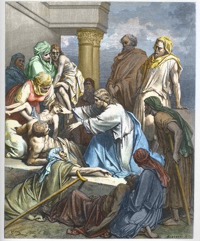 Jesus guerit les malades - Jezus uzdrawiający chorych - - Grawerowanie w „The Bible illustree” Gustave