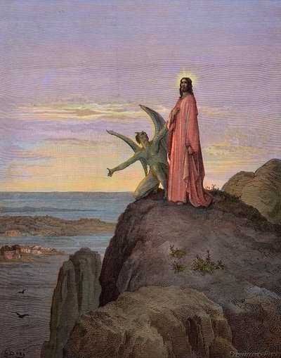 Jezus na pustyni, poddany kuszeniu diabła - Kuszenie Chrystusa - Szatan kusił Jezusa - rycina Gustave Dore - późniejsza kolorystyka autorstwa Gustave Dore