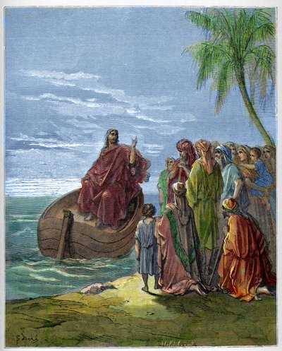 Jezus głosi kazania nad Jeziorem Genezaret (Genesareth, Ginosar lub Kinneret) (Jezioro Tyberiada) (Morze Galilejskie) - Jezus nauczający nad Jeziorem Galilejskim - - grawerowanie w „The Bible illustree” Gustave