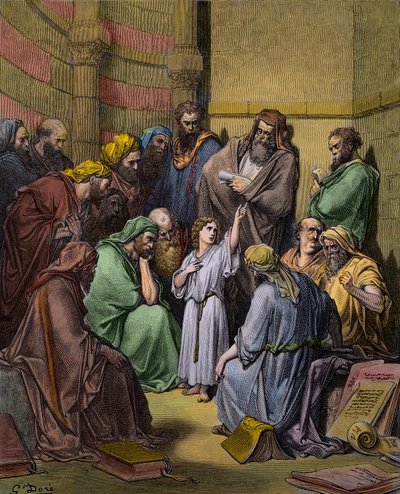 Jezus z lekarzami w świątyni - Jezus w świątyni wśród lekarzy - rycina Gustave Dore (1832-1883) - późniejsza kolorystyka autorstwa Gustave Dore