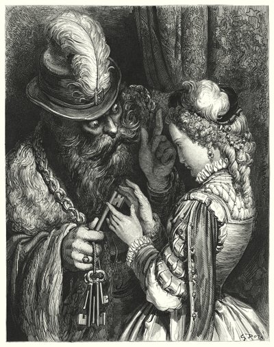 Niebieska Broda; Niebieska Broda (grawerowanie) autorstwa Gustave Dore