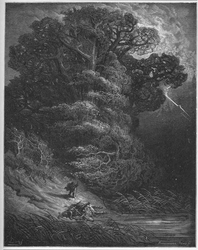 Dąb i sieć - Dąb i trzcina - z "Bajek" Jeana de La Fontaine autorstwa Gustave Dore