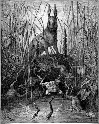 Le hare et les frogs: fable by Jean de la Fontaine illustree by Gustave Dore - The hare and the frogs - Zając i żaby. autorstwa Gustave Dore