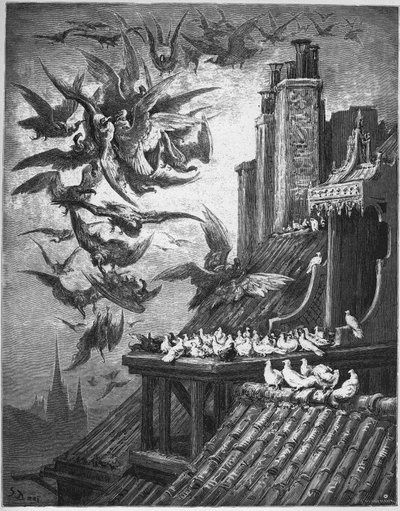 Sępy i gołębie – z „Bajek” Jeana de La Fontaine autorstwa Gustave Dore