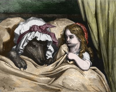 Czerwony Kapturek i Wilk nie lubią babci. Ilustracja autorstwa Gustave Dore autorstwa Gustave Dore
