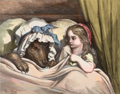 Czerwony Kapturek i Wilk nie lubią babci. Ilustracja do „Opowieści” Charlesa Perraulta (1628-1703), Gustave Dore (1832-1883) 1867 - Czerwony Kapturek - Gustave Dore (1832-1883) Grawer autorstwa Gustave Dore