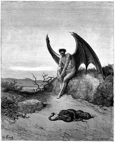 Lucyfer (Szatan, anioł dechu, spadł z nieba na Ziemię) spotyka węża. Ilustracja Gustave